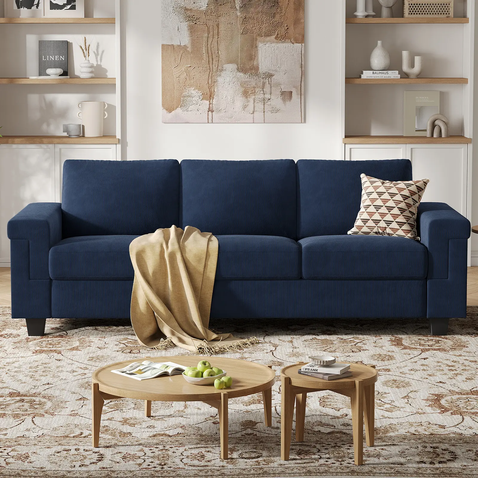 COPIAE 3-Seater Corduroy Fabric Sofa Couch, 90" Modern Upholstered Living Room Furniture with Deep Seat & Armrests, Easy Installation, Comfy for Apartment, Dark Gray, Living Room Decor