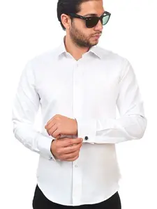 Slim Fit Solid White Spread Collar French Cuff Men's Dress Shirt Formal Menswear Long Sleeve Plain