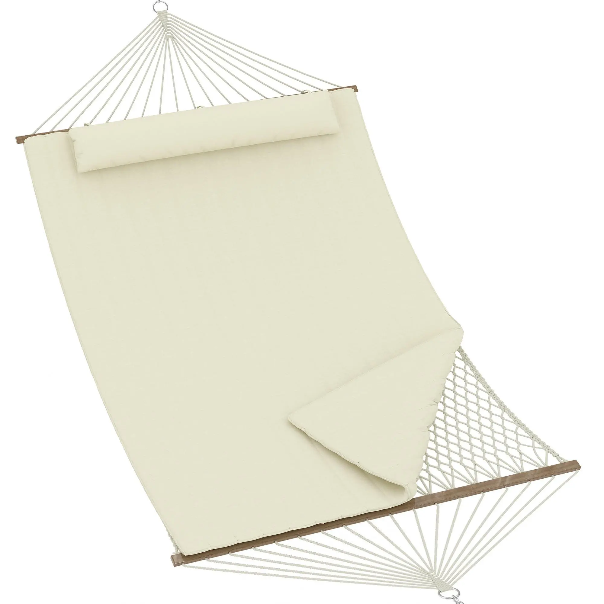 2 Person Outdoor Hammock with Stand, Cotton Rope Hammock with Polyester Pad, Adjustable Steel Frame, 2-in-1 Hammock for Patio, Backyard, Garden, Beach (Beige