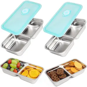 2 Pack Reusable Stainless Steel Snack Containers, Double Compartment Food Storage Lunch Boxes with Lids, Ideal for Travel Outdoor Camping and Daily Use