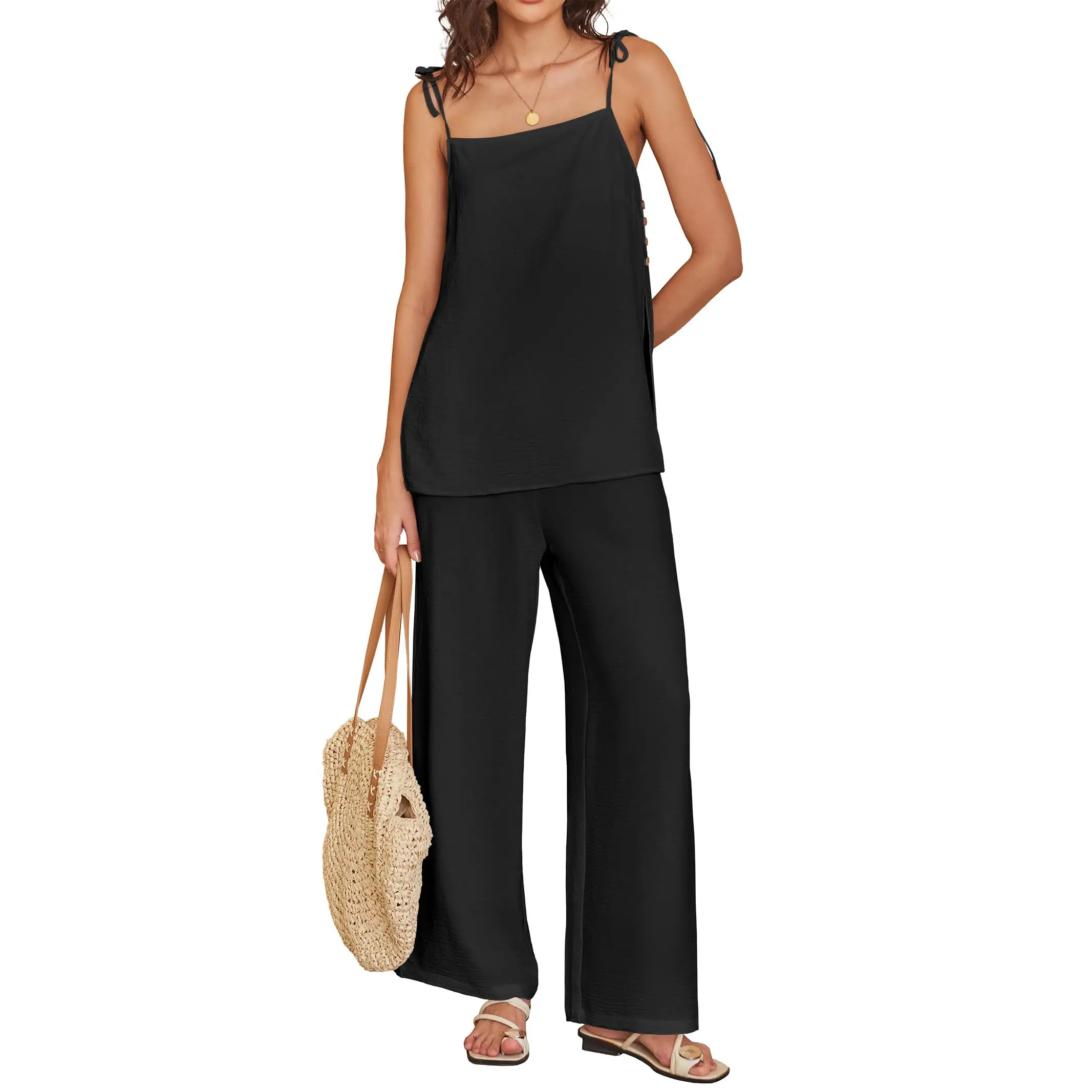 ANRABESS 2 Piece Sets for Women Summer Casual Lounge Spaghetti Strap Top Wide Leg Pants Set Vacation Beach Outfits Adjustable Womenswear