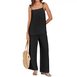 ANRABESS 2 Piece Sets for Women Summer Casual Lounge Spaghetti Strap Top Wide Leg Pants Set Vacation Beach Outfits