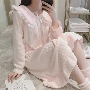 Autumn/Winter Flannel Nightgown Princess Style Cute Doll Collar Fleece-Lined And Thickened Warm Coral Velvet Home Clothes Sleepw