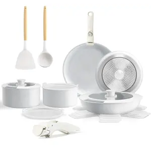 17pcs Pots and Pans Set, Non-Stick Cookware with Removable Handle,Frying Pan,Saucepan,Milk Pan,Silicone Glass Lid,Oven Safe,RV Cookware Set,Best Gift