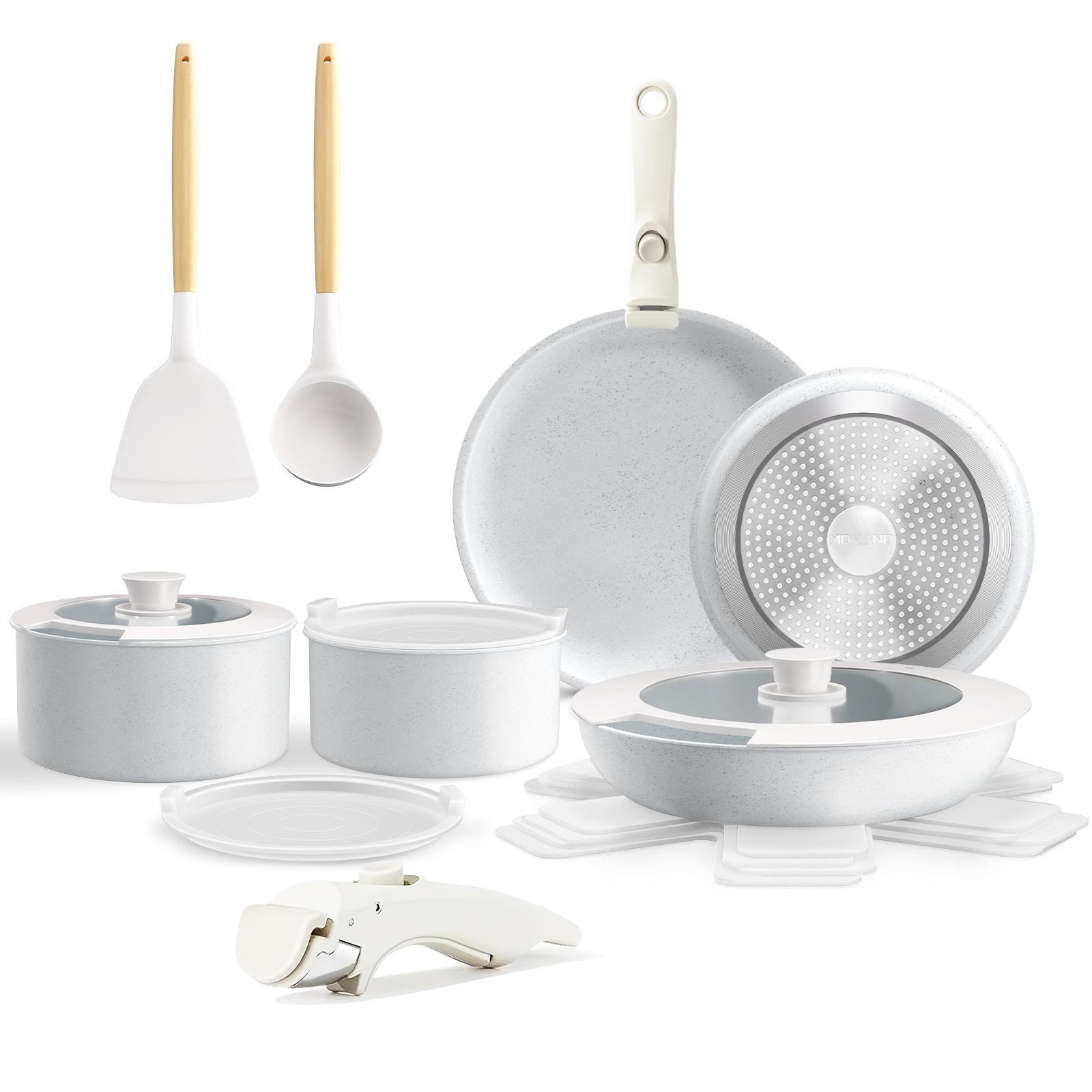 17pcs Pots and Pans Set, Non-Stick Cookware with Removable Handle,Frying Pan,Saucepan,Milk Pan,Silicone Glass Lid,Oven Safe,RV Cookware Set,Best Gift