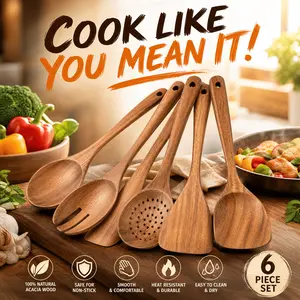 6-Piece Natural Wood Kitchen Utensil Set, Wooden Cooking Tools with Ergonomic Handles, Heat-Resistant, Includes Spoons & Spatulas, Ideal for Induction Cooktops， sieve