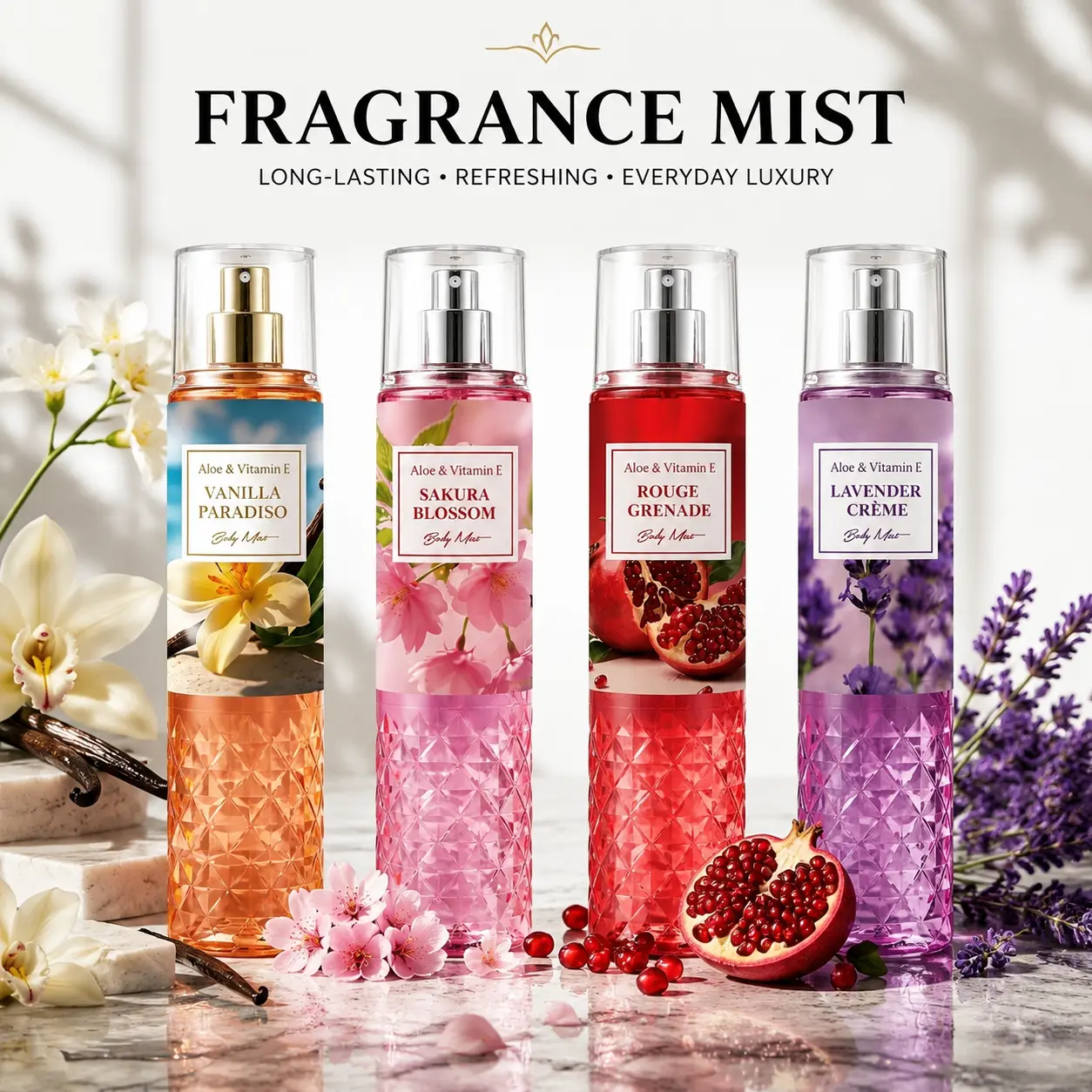 LE VITAL 4 Scents Fine Body Mist (236ml/8oz) – Lavender, Vanilla, Pomegranate & Cherry Blossom Perfume Spray, Long-Lasting Fragrance Mist & Body Splash with Aloe & Vitamin E for Women, Floral Natural Fragrance, Smelling Good, Fine Mist Spray