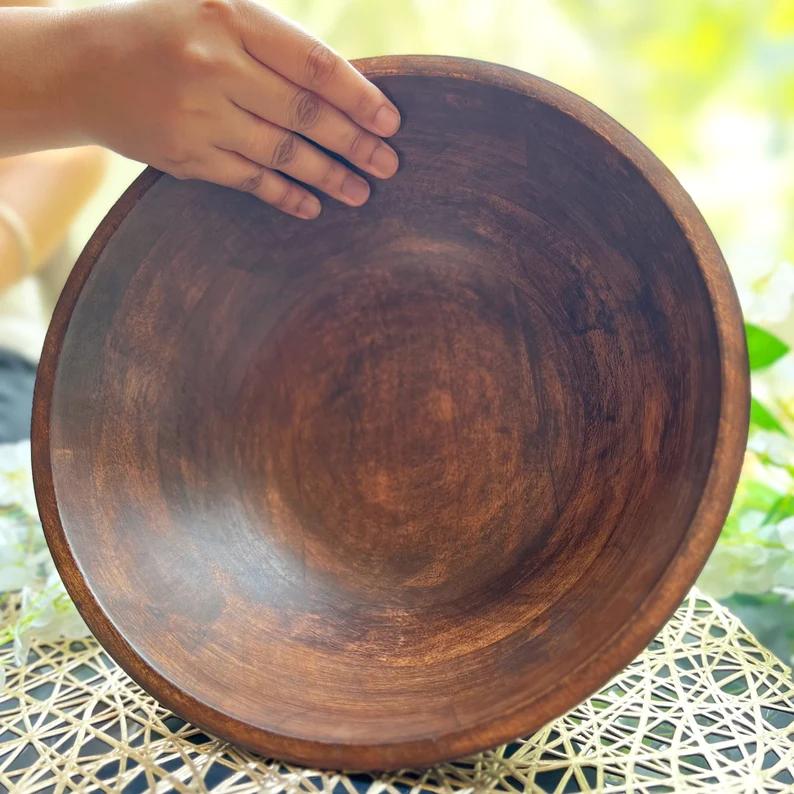 Large Walnut Wood Round Bowl, Salad Bowl, Natural Handmade Wooden Bowl, Mid Century Modern Wooden Bowl for Salads or Fruits, New Home Gift
