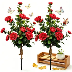 DLDA 2PCS Real Touch Red Camellia Artificial Flowers, UV Resistant Waterproof Faux Floral Stakes, Rustic Cottage Core Style, No-Fade All-Weather Outdoor/Indoor Decor for Yard Patio Home summerwins