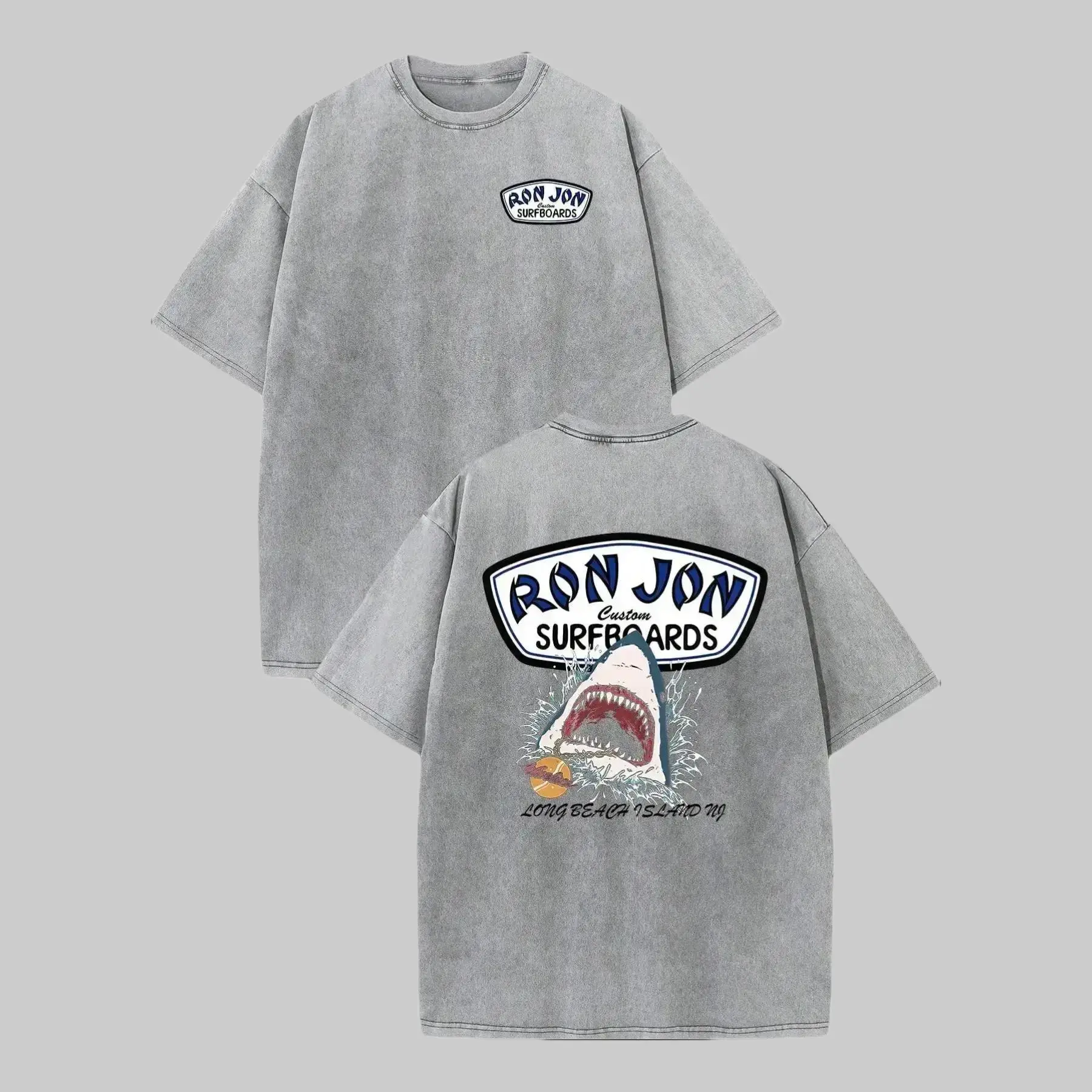 Unisex Ron Jon Surfboards Shark Graphic Washed Tee | 100% Premium Cotton Oversized Relaxed Fit Shirt | Y2K Casual Streetwear & Retro Beach Surf Aesthetic Top | Summer Vacation Gift Mens Clothing, Loose, Shortsleeve