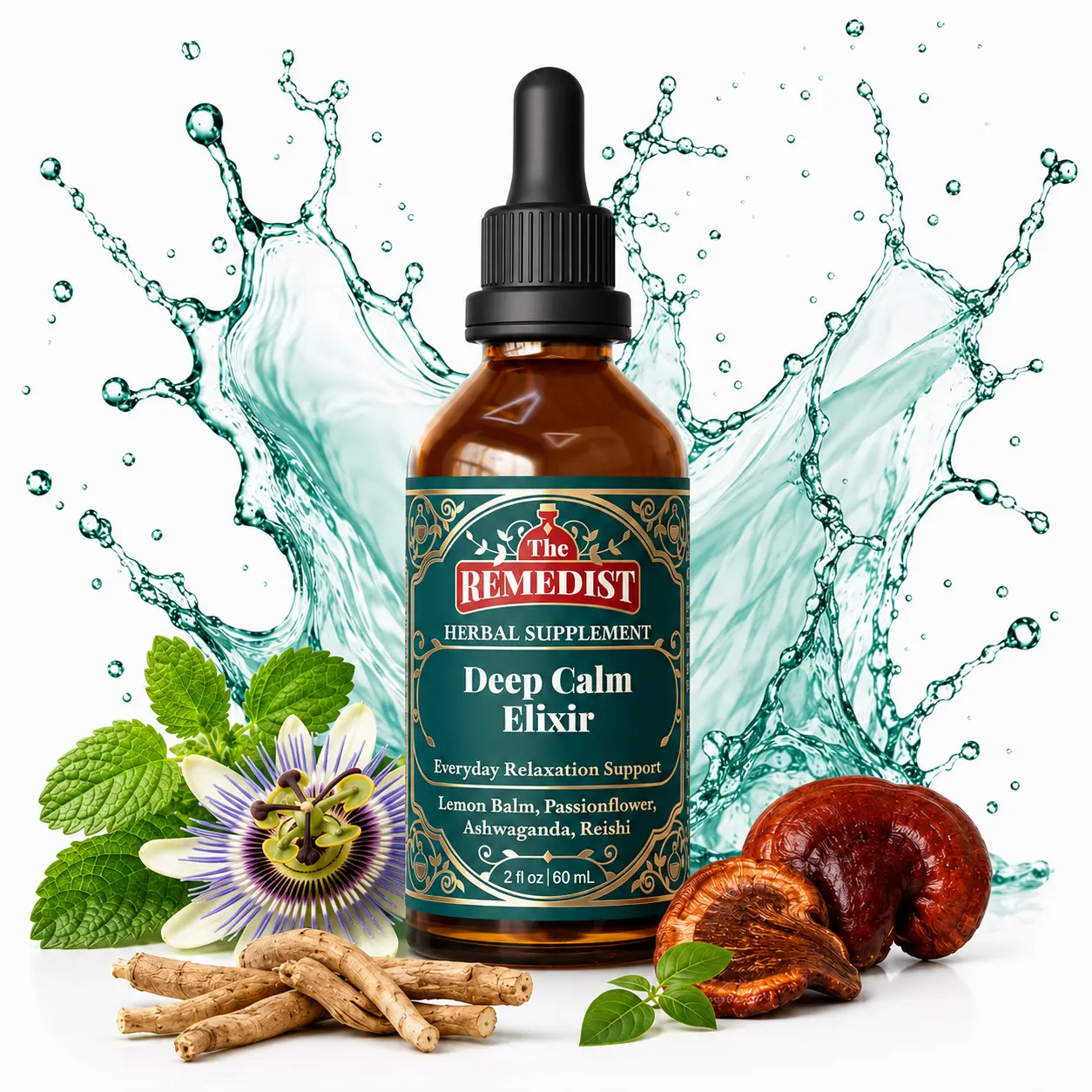 Deep Calm Elixir | Lemon Balm, Passionflower, Ashwagandha, Reishi | Non-GMO, USDA Organic, 100% Natural, 2 Oz.