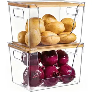 High-Quality Plastic Food Storage Box with Wooden Lid,Holder Clear Acrylic Pantry Organizers Storage Box Kitchen Organizer,Reusable,kitchen storage