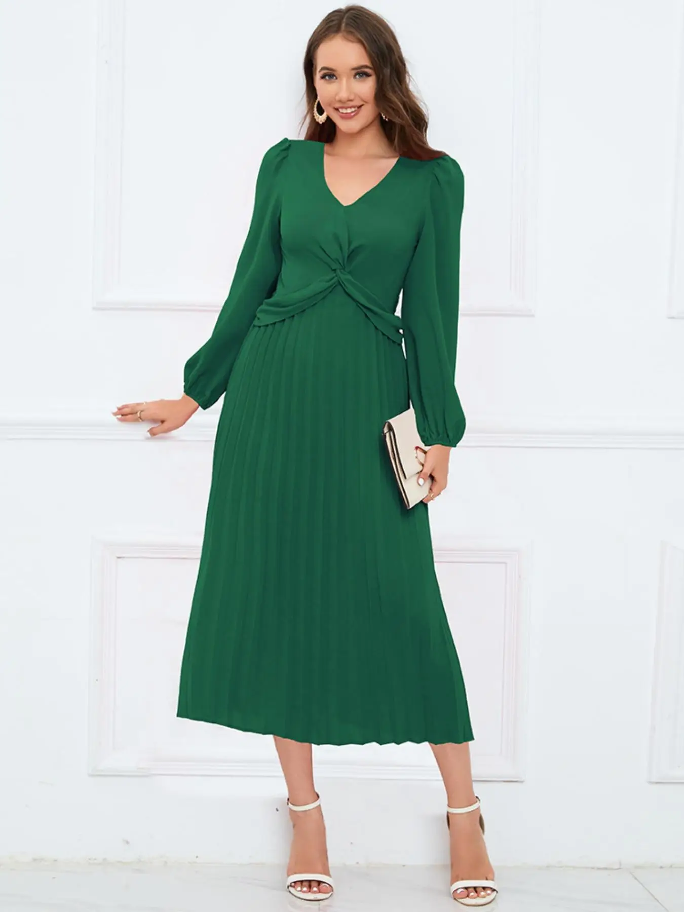 Women's Plain Twist Pleated V Neck A Line Dress, Elegant Bishop Sleeve Long Sleeve Dress for Spring & Fall, Women's Clothing for Daily Wear