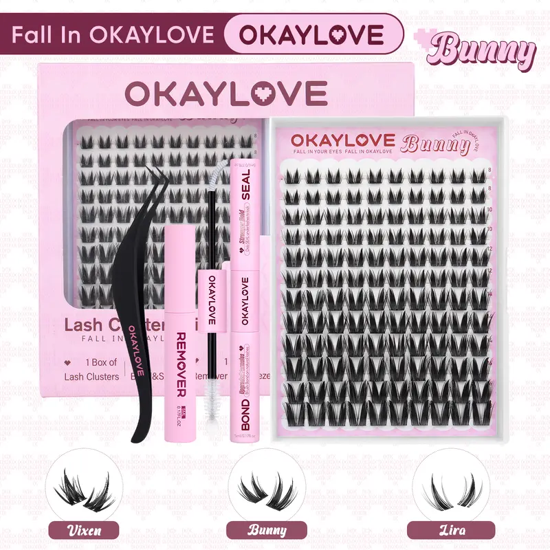 OKAYLOVE Bunny Lash CLusters Kit, Okaylovelashes Lash Extension with Waterproof Long-lasting Lash Bond and Seal,Tweezers and Remover for DIY Eyelash at Home Easily, Natural Makeup Girl Gifts #sohochic #backtoschool