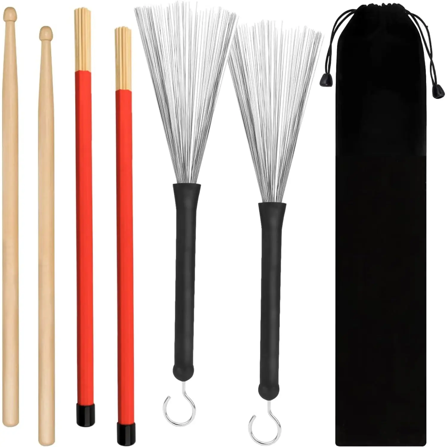 6Pcs Drum Sticks 1 Pair 5A Maple Wood Drum Sticks,1 Pair Retractable Drum Wire Brushes and 1 Pair Rods Drum Brushes set for Adults, Rock Band, Jazz Folk Students with Portable Storage Bag - Home Improvement.