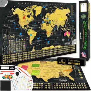 Scratch Off World Map + USA Map – 17x24” Wall Travel Posters with 196 Flags, Gold Foil, Pins & Accessories – Premium Gift Box for Travelers, Couples, Home or Office Decor