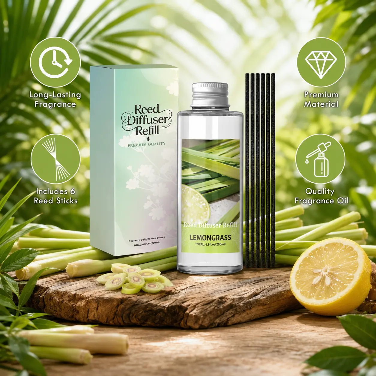 200ml Reed Diffuser with Reed Sticks, Lemongrass Room Fragrance, Home Fragrance Diffuser Set, Long Lasting Home Scent for Bedroom, Living Room, Bathroom, Office & Entryway