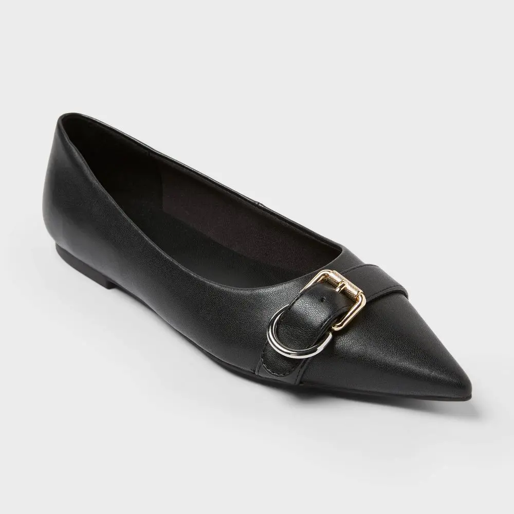 Women’s Valentina Pointed Toe Buckle Ballet Flats with Memory Foam Insole – A New day Black 7: Medium Width Pull-On Style