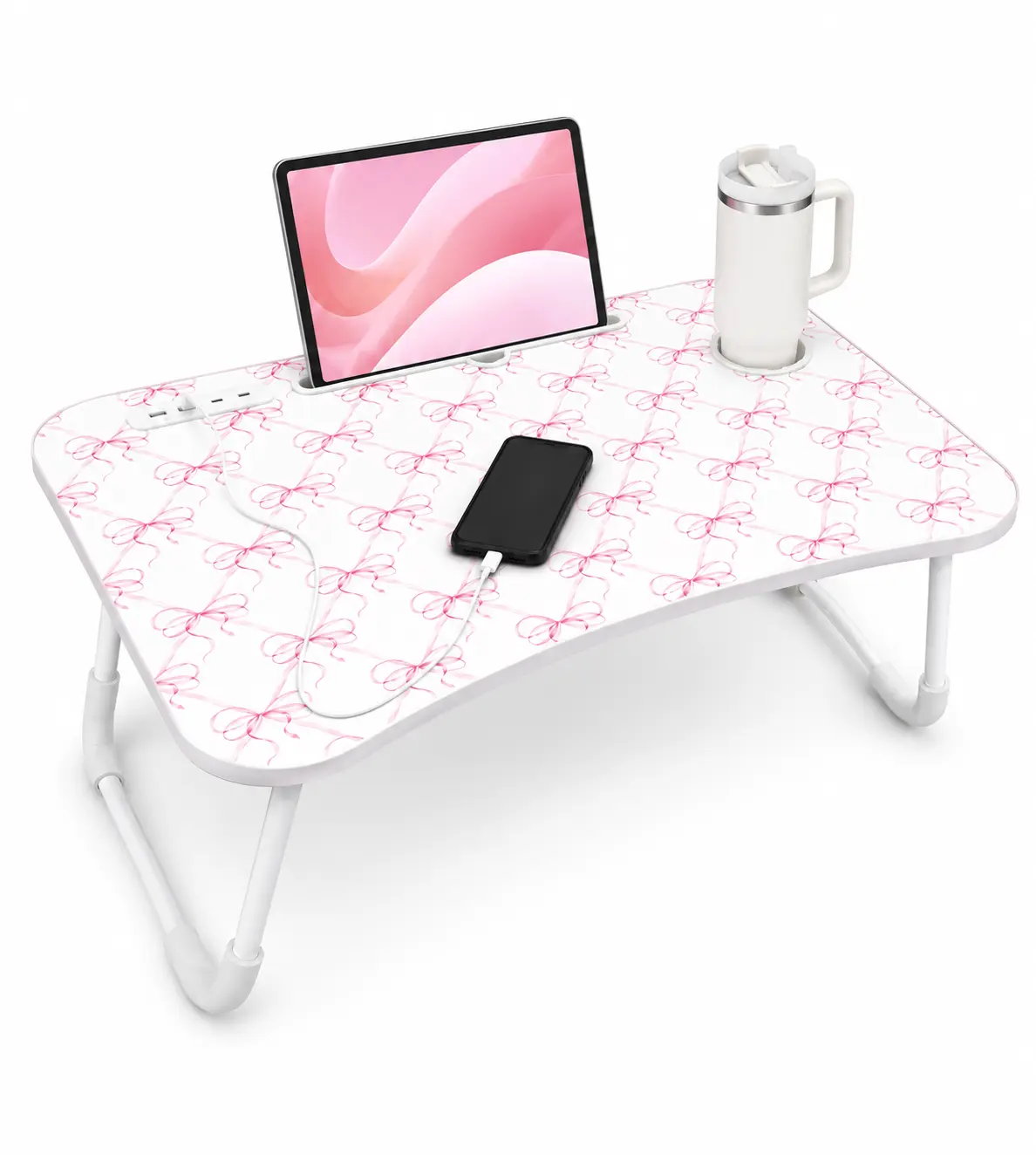 Foldable Laptop Desk – Portable Bed Tray Table with Cup Holder, Tablet Stand & USB Charging Ports