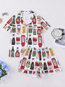 2pcs Condiment Bottle Print Women Pajama Set - Fun Festive Foodie Short-Sleeve Pjs (Notch Collar + Chest Pocket + Elastic Waist) - Perfect Holiday Gift for Home Cooks, BBQ Lovers & Food Enthusiasts