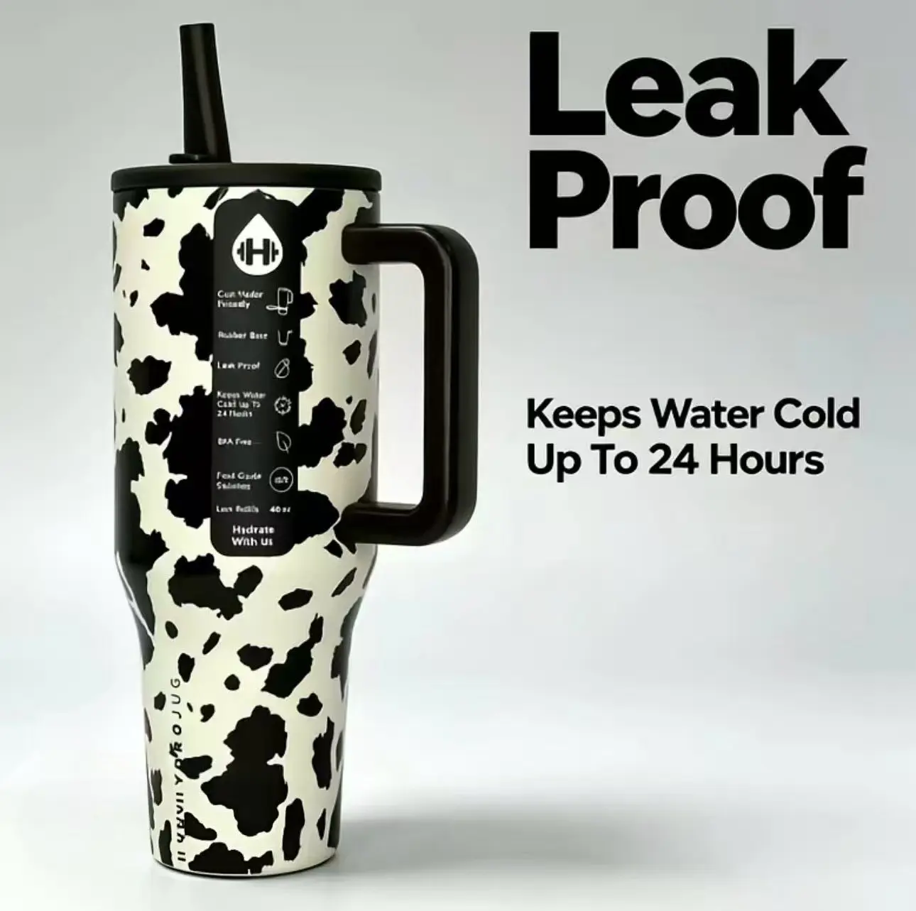HydroJug 40 oz  traveler Trendy classic Cow print with Handle and Straw Tumbler Water Bottle  large capacity car cup,  Leakproof Insulated Tumbler  | Keeps Ice 24+ Hours | Cup Holder Friendly Base | Insulated Thermal Tumbler, Easy-Clean Durable Travel