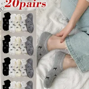 20/10/5 Pairs Women's Bow Knot Ankle Socks, Low Cut Invisible Liner Socks, Non-Slip Silicone Heel, Casual Boat Socks for Flats, Loafers, Comfort Cotton Blend, Spring Summer Fashion Socks, Ladies Cute Socks