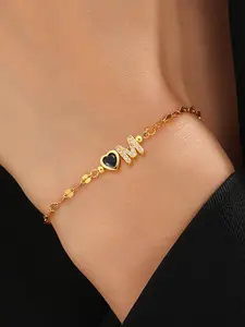 Women's Stainless Steel Letter Initial Bracelet, Dainty Heart Zirconia, Zirconia Heart Charm, Casual Fashion Jewelry for All Seasons