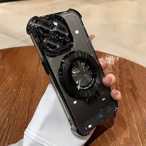 Luxurious Chrome Plated Magnetic Ring Stand Wireless Charging Transparent Phone Case, Compatible with iPhone 14 13 12 11 15 16 Pro Max Plus, Shockproof Transparent Hard Case with Lens Protection, Splicing Design, Acrylic Material with Stand Function - Per