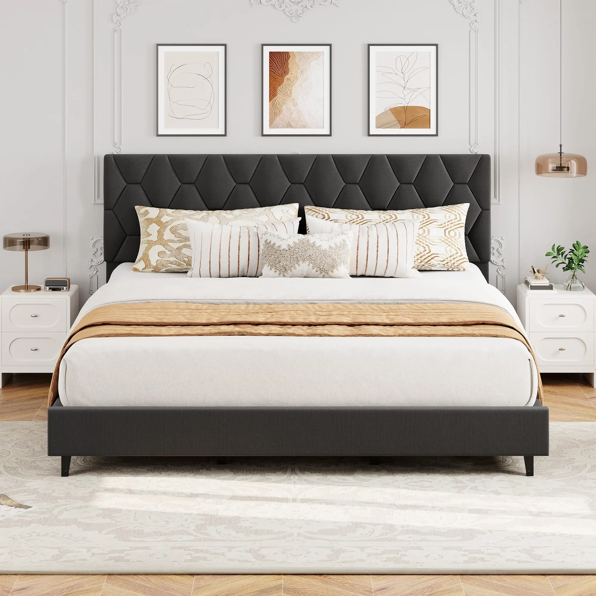 Grey California King Bed Frame with Upholstered Headboard,Heavy-Duty Platform Bed Frame with Strong Wood Slats, No Box Spring Needed/Easy Assembly/Noise Free