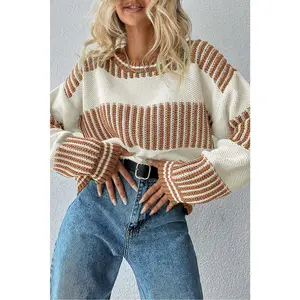 Khaki Two Tone Striped Patchwork Drop Shoulder Sweater