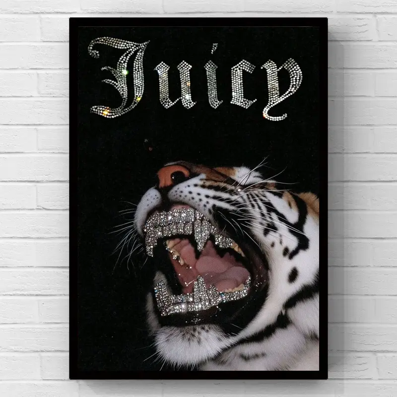 Diamond Grill Roaring Tiger Bling Juicy Word Luxury Streetwear Art Minimalist Artwork, 2D Flat Print Canvas Wall Art Poster, Wall Decoration for home and bedroom décor, Trendy Bedroom Decor, Perfect Gift for an aesthetic room and vanity space