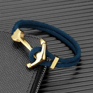 Gold Plated Anchor Bracelet Men Charm Nautical Survival Rope Chain Paracord Bracelet Male Wrap Metal Sport Hooks