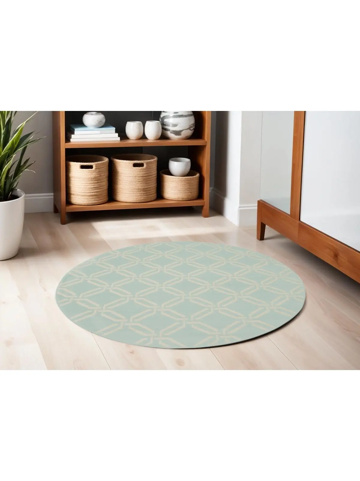 212 MAIN 5 ft. Power Loom Round Trellis Print Polypropylene Fibers Rug, Beige & Green - Stain-Resistant, Indoor Use, Living Room Coastal Style Decor