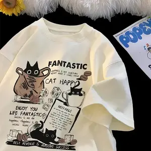 New men's and women's T-shirt pullover, oversized Korean cartoon cat group printed T-shirt, casual short sleeved couple T-shirtRAIMENTRY