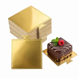 50Pcs Square Mini Cake Boards – Food Grade Cardboard Mini Flan Mousse Base, Gold Cupcake Displays, Disposable Dessert Trays & for Wedding Party Pastry