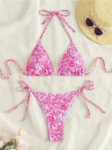 Women's Floral Bikini Set with Adjustable Straps, Sexy Vacation Beachwear, Printed Halter Neck Swimsuit, Spring Summer 2026 Fashion, Floral Print Swimsuits