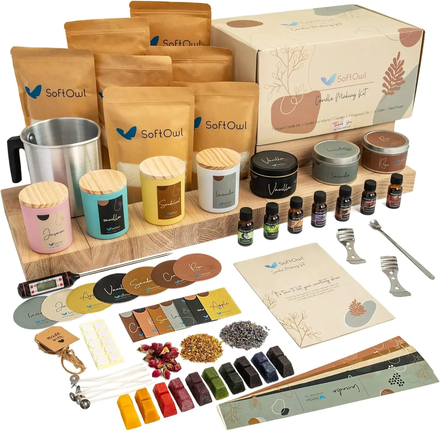 SoftOwl Premium Soy Candle Making Kit - DIY Beginner Crafting Starter Set with Soy Wax, 7oz Jars & Tins, 7 Scents (Lavender, Relaxing Heavenly), Color Dyes, Wicks, Fragrance Oils, Glue Dots & More - Ideal for Friends - Room & House Decor