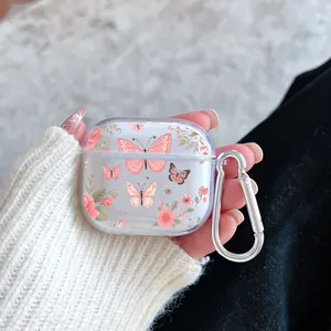 Butterfly Floral Dream Pattern TPU Soft Protective Case for Apple AirPods 4/3/2/1/Pro/Pro2 Transparent Earphone Cover with Keychain Attachment