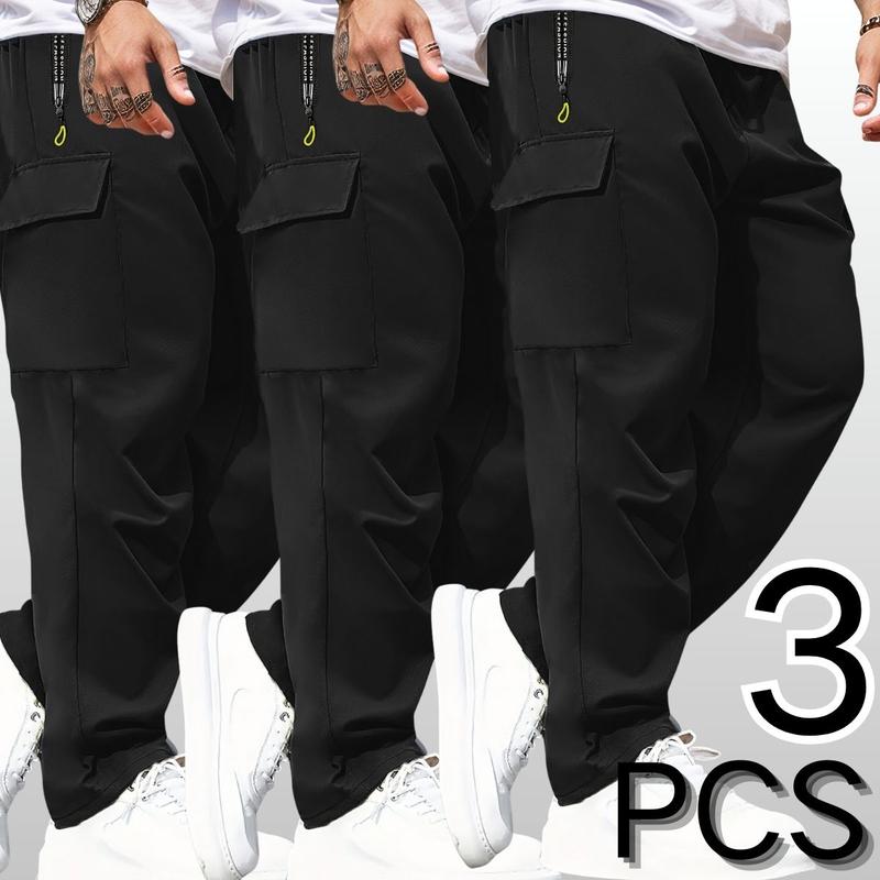 Men's 3-Pack Lightweight Cargo Pants with Elastic Drawstring Waist Zipper Pockets & Large Patch Pockets Comfortable Breathable for Outdoor & Daily Casual Wear - Fabric Menswear Activewear
