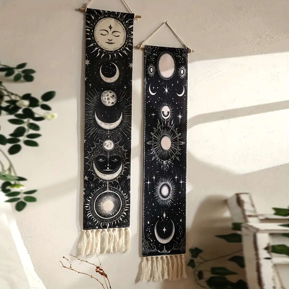 Hand- Tassel Tapestry with Sun and Moon Prints - White Wall Hanging Cloth for Living Room, Bedroom, Studio Decor, Fiberboard Material