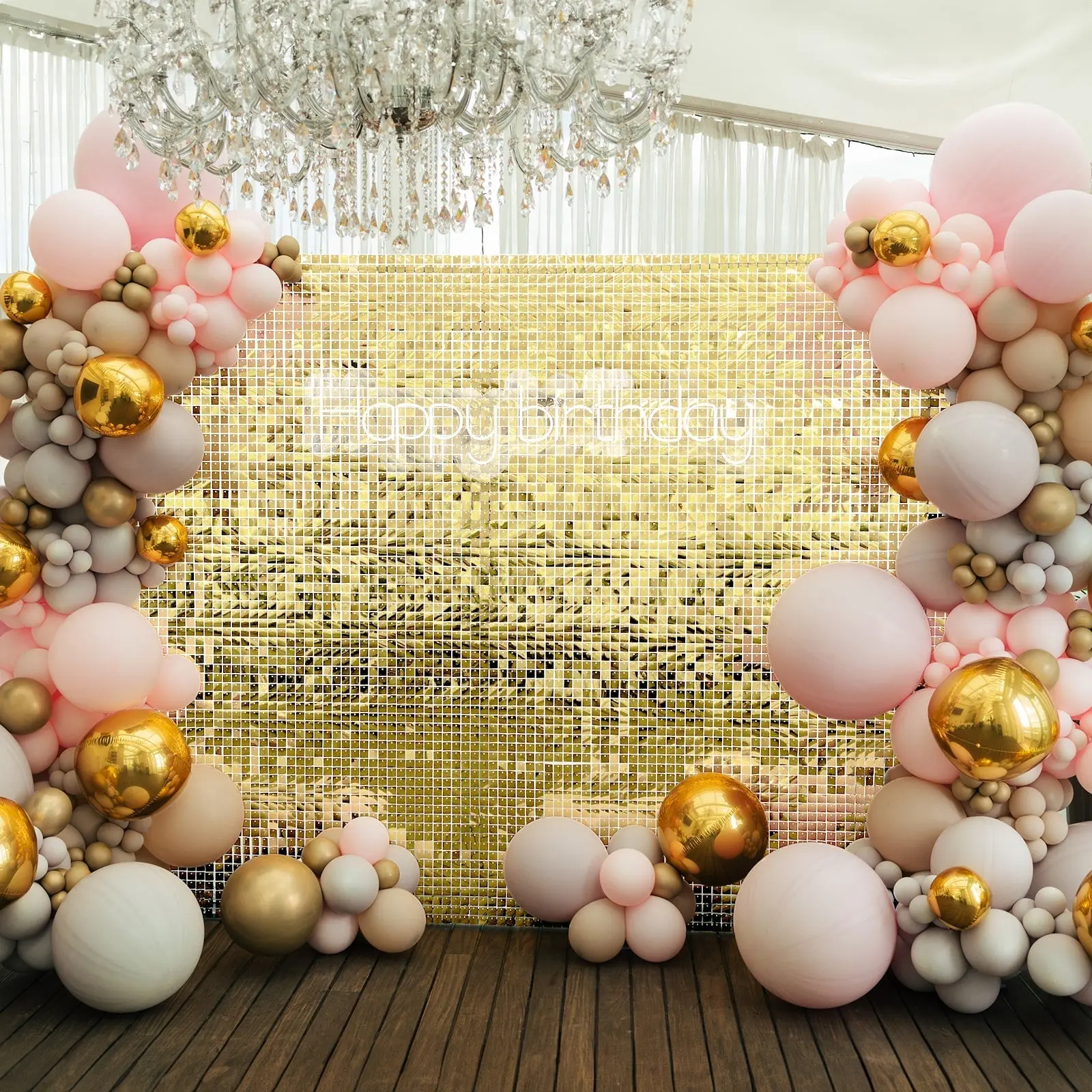 Shimmery Gold Square Sequin Backdrop & Banner Set - 24 Active Spangle Sequin Panels, 24sq.ft Home & Decorations Supplies, Wipe-Clean Washable Indoor Party Decor for Wedding, Baby Shower Photo Backdrops