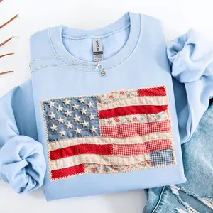 FAUX Patchwork- Printed American Flag Sweatshirt, 4th of July Sweat,250th Years Crewneck, Independence Day Mothers day Mom Gift