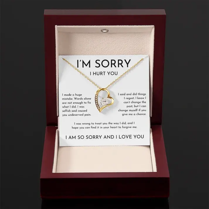 I'm Sorry Heart Pendant Necklace, Apology Sentimental Message Card Jewelry with Gift Box, Sparkling Crystal Anniversary Gift for Her