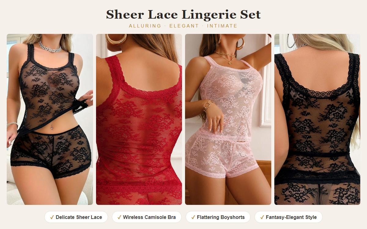 2 Piece Lingerie Set Sheer Lace Camisole Bra Boyshorts Date Night Romantic