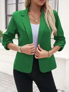 Women's Solid Color 3/4 Sleeve, Casual Button Front Lapel Neckline Blazer Outerwear for Work Office Business, Ladies Spring & Fall Clothes, Elegant Womenswear