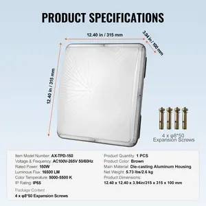 VEVOR LED Canopy Light, 150W, 16500LM 5000K Daylight Commercial Industrial Outdoor Canopy Light, 12.4x 12.4 Surface Mount Ceiling Lighting for Gas Station Warehouse Garage Street Shop Hotel, IP65