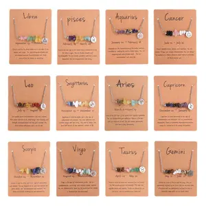 Natural Stone Horoscope Charms Necklace 12 Constellation Astrology Healing Gemstone Crystal Card for Women Girls Teens Birthday Anniversary Friendship Exquisite Jewelry Gift