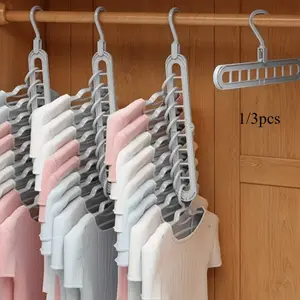1/3pcs, Plastic 9-Hole Foldable Hanging Hangers, Heavy Duty Space Saving Clothes Organizer Hangers, For Room, Closet, Wardrobe, Home & Dor