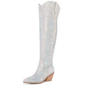 Women Rhinestone Over the Knee Cowboy Boots, Sparkly Bling Cowgirl Boots Western Thigh High Boots Pull-On Side Zippers Chunky Heel Pointed Toe Size6-12 For Fashion&Daily,summerwins,summeroutfits,vacationoutfits,beachoutfits