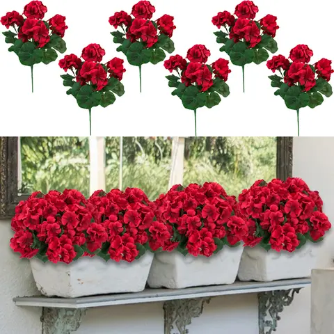8 Bundles Artificial Geranium Flowers For Outdoors Geranium Flowers Outdoor Red Artificial Flowers UV Resistant Garden Plants Faux Flowers For Home Kitchen Table Centerpieces Patio Decor